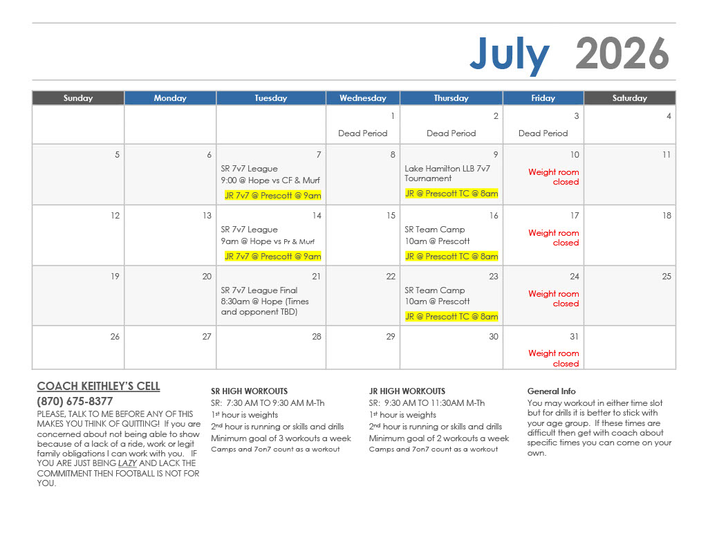 July 2026 Football Practice Schedule
